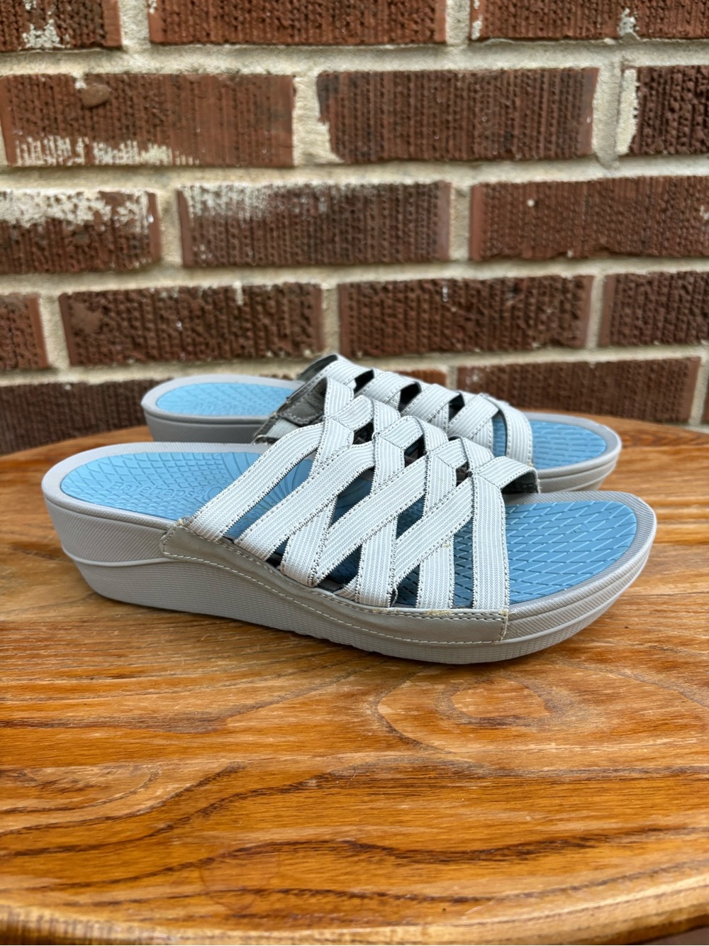 BareTraps Sandals Beverly Sz 7.5 Slide Wedge Heel Blue Gray Strappy Slip On